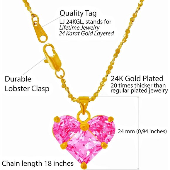 Pink Cubic Zirconia Heart Necklace 24k Gold Plated Women - Picture 4 of 7